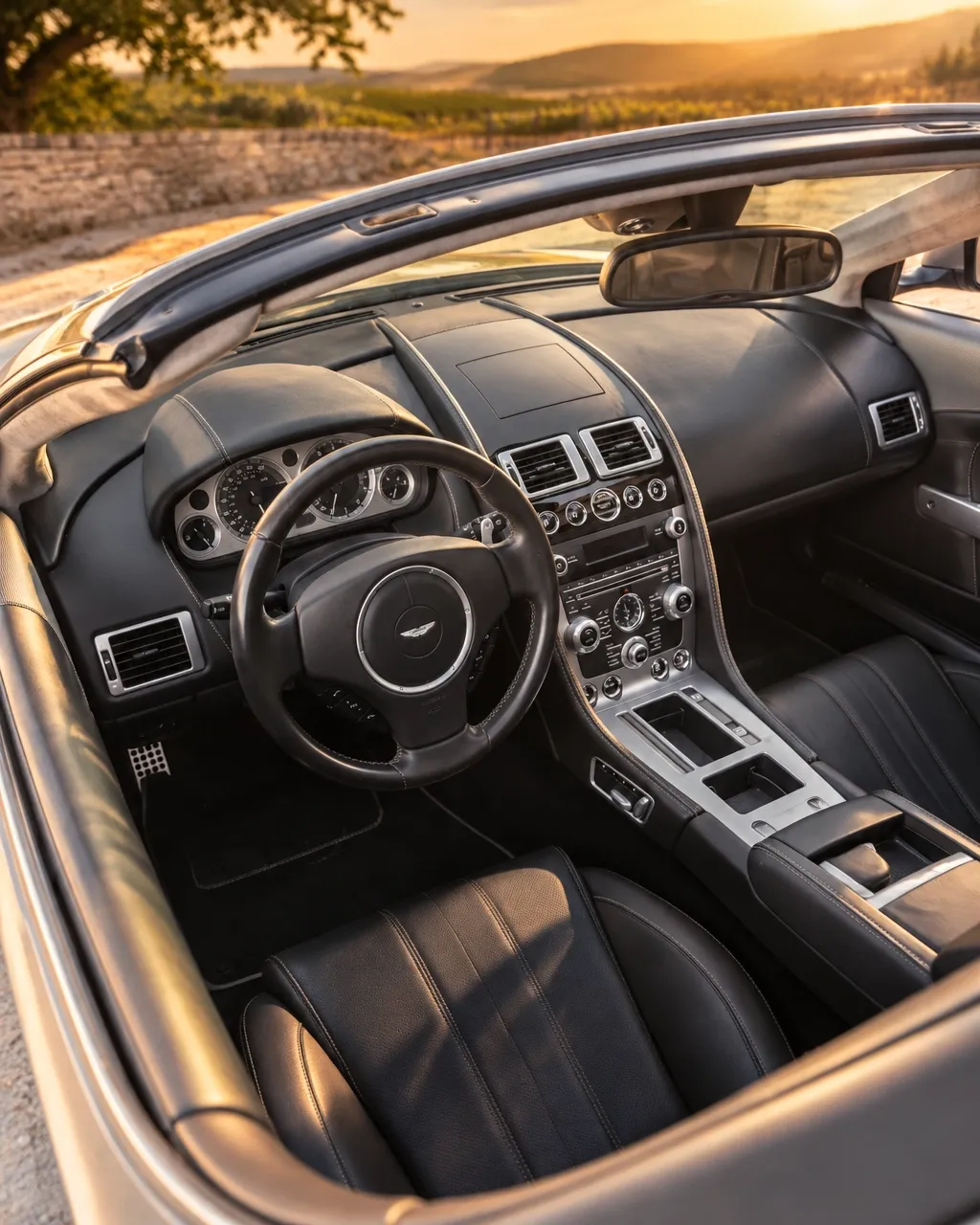 Cockpit and leather interior of the Aston Martin DB9 Volante
