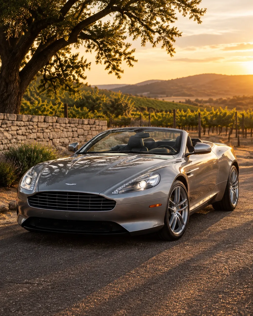 Silver-grey Aston Martin DB9 Volante on a winding Hill Country road at sunset