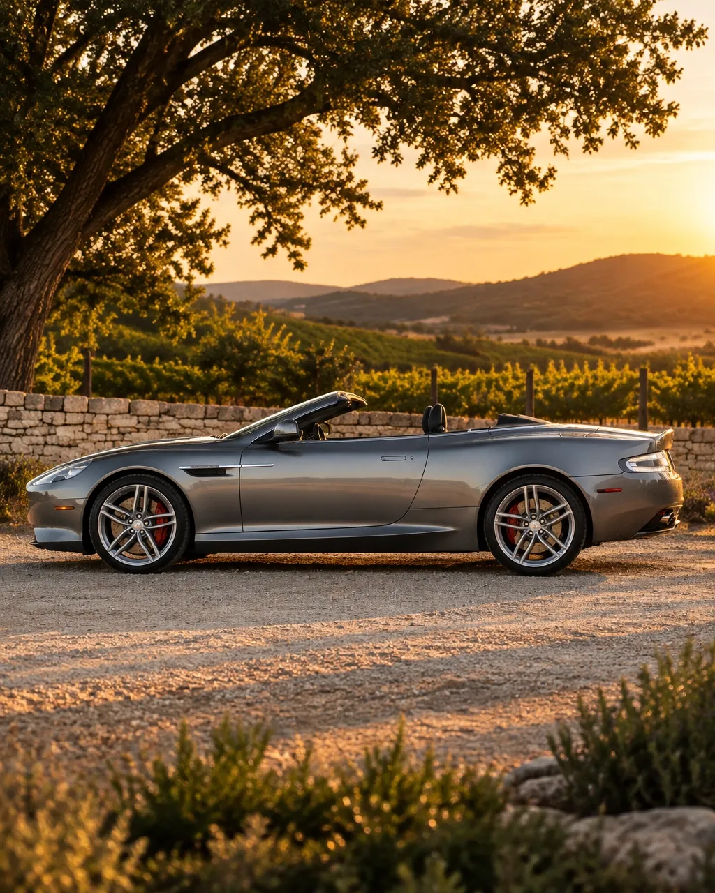 Silver-grey Aston Martin DB9 Volante V12 convertible outside a limestone winery in the Texas Hill Country