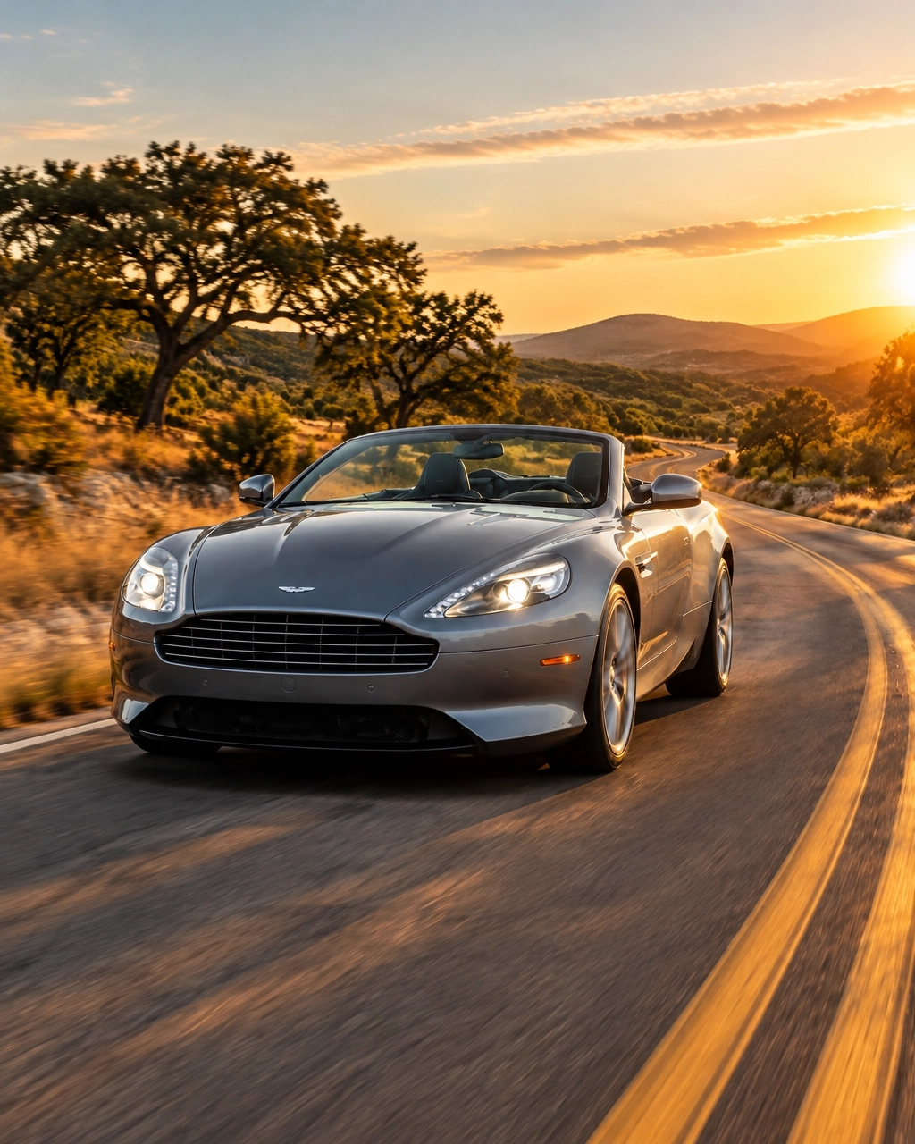Silver-grey Aston Martin DB9 Volante V12 convertible on a winding Texas Hill Country road
