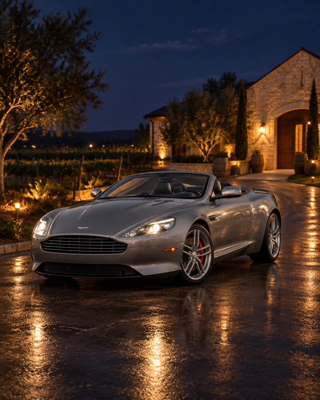 Silver-grey Aston Martin DB9 Volante V12 convertible at a Hill Country vineyard after dark