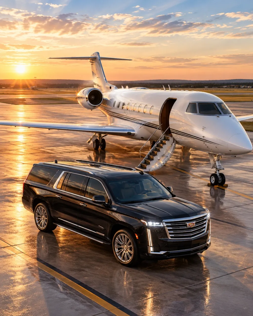 Black Cadillac Escalade parked on the tarmac beside a private jet Black Cadillac Escalade parked on the tarmac beside a private jet