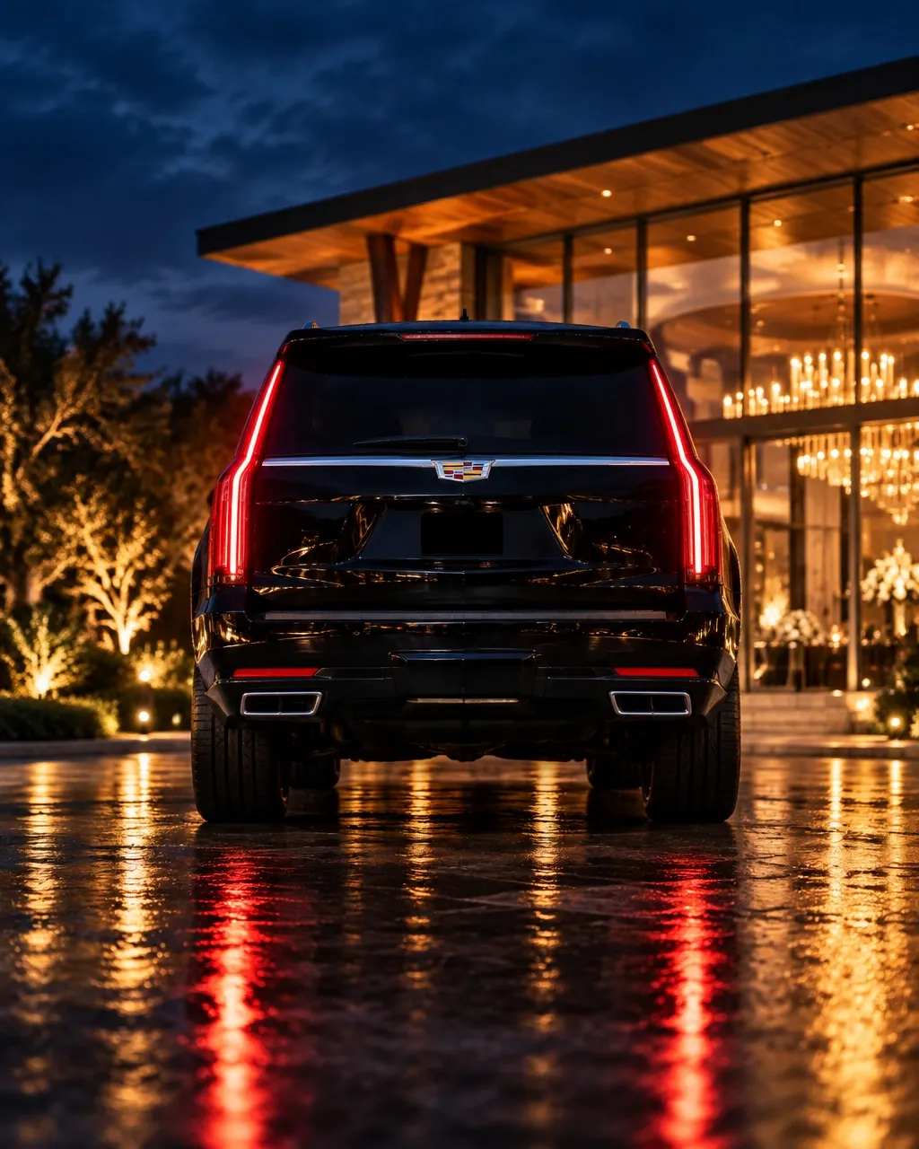 Black Cadillac Escalade outside a modern venue at night Black Cadillac Escalade outside a modern venue at night